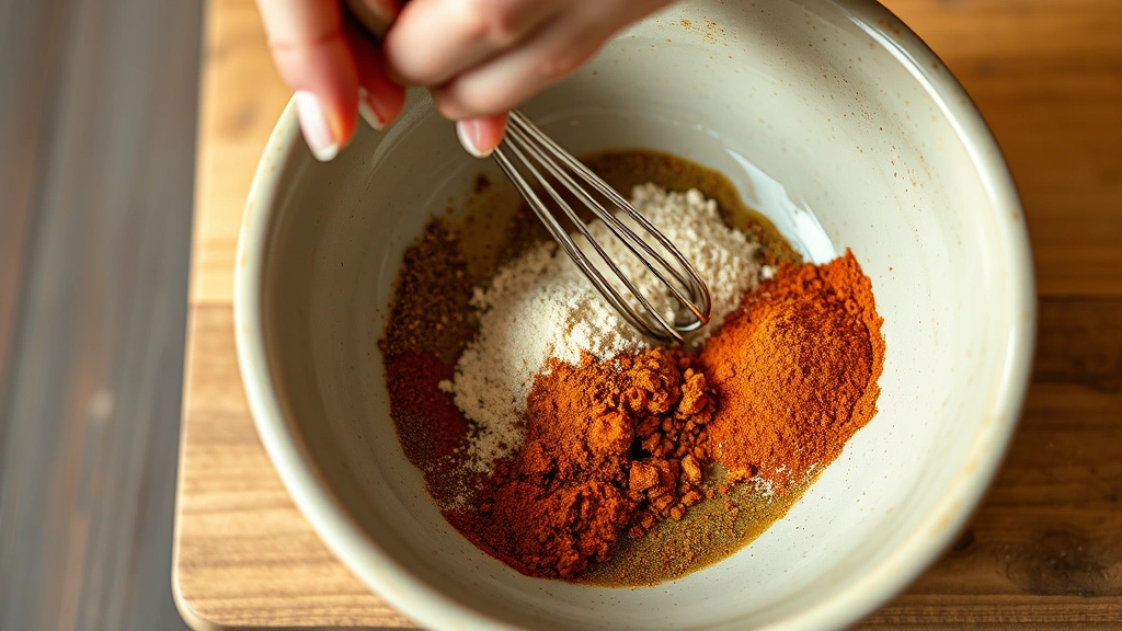 process: hand whisking spices together in ceramic bowl, ground cumin and chili powder visible, photorealistic, natural kitchen lighting, no text
