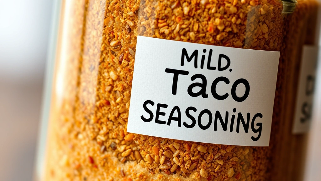 detail: close-up of finished mild taco seasoning in glass jar with label, aromatic spice blend visible, photorealistic, soft natural light, no text