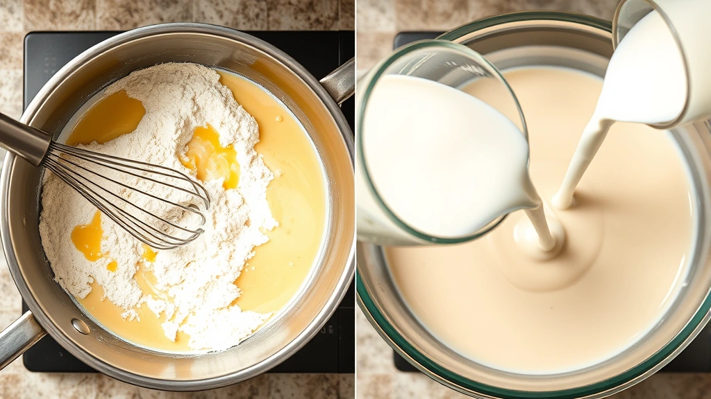 process: whisking flour and butter roux in saucepan, pouring milk into mixture, photorealistic, kitchen lighting, no text