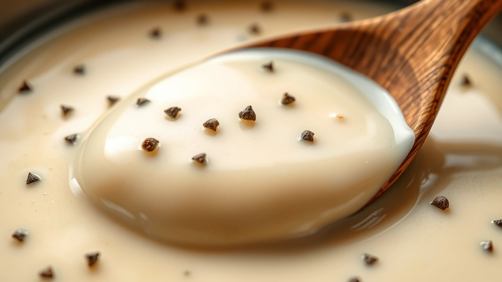 detail: close-up of silky smooth milk gravy with black pepper specks, wooden spoon, photorealistic, natural light, no text