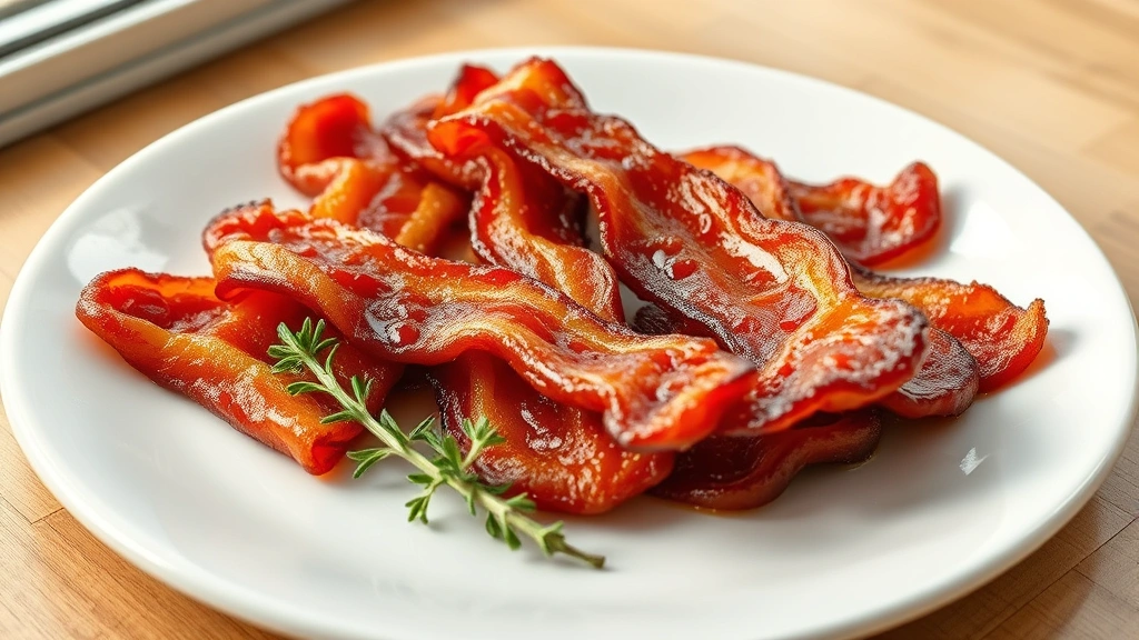 hero: golden-brown crispy million dollar bacon strips arranged on white plate with maple glaze glistening, overhead shot, natural window light, garnished with fresh thyme sprig, photorealistic, no text