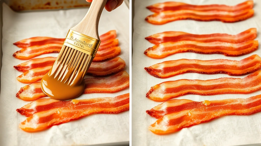 process: brushing brown sugar glaze onto raw bacon strips on parchment-lined baking sheet, close-up action shot, natural light, pastry brush mid-stroke, photorealistic, no text