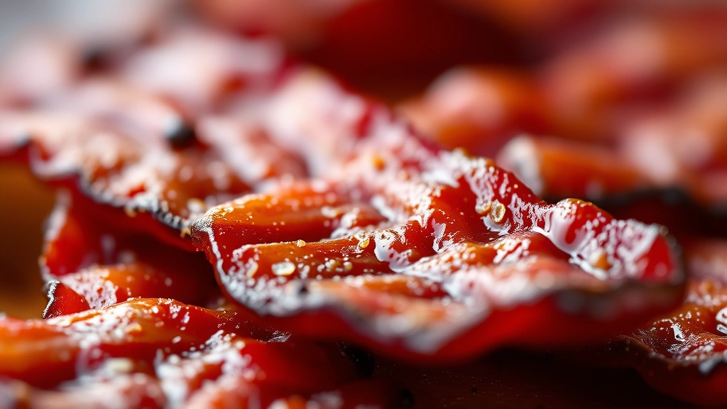 detail: close-up macro shot of single glazed bacon strip showing caramelized crust and crispy edges with maple sheen, shallow depth of field, warm natural lighting, photorealistic, no text