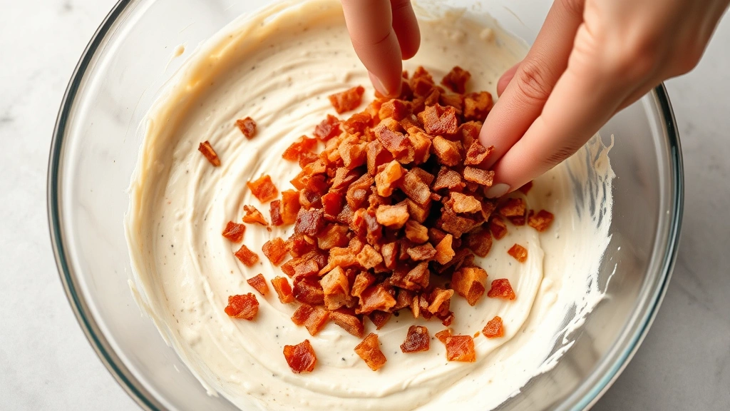 process: hands folding crumbled bacon into creamy dip mixture in glass bowl, cream cheese and sour cream base visible, photorealistic, natural kitchen lighting, no text