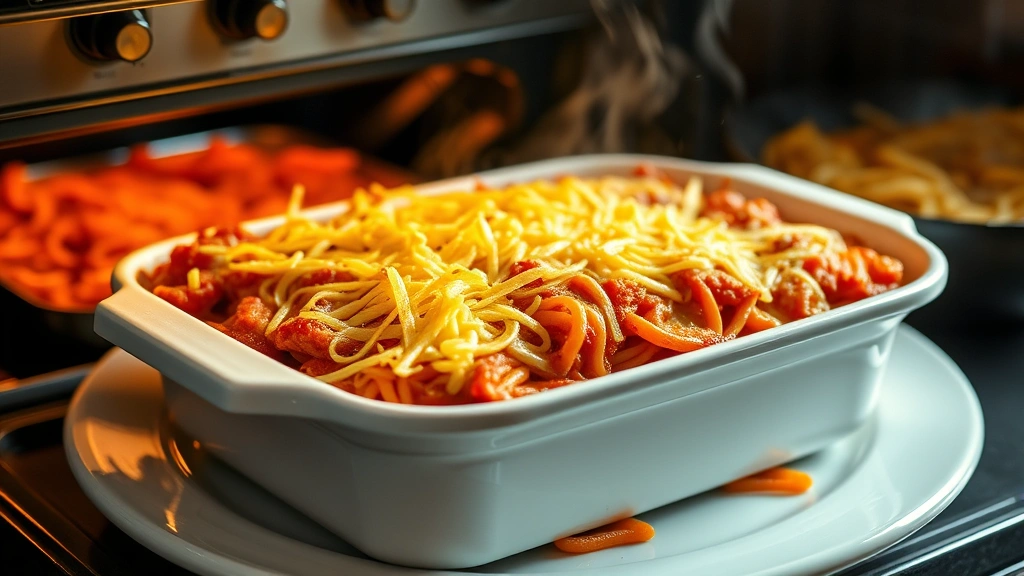 hero: Million Dollar Spaghetti casserole fresh from oven with melted golden cheese on top, steam rising, served in white baking dish, photorealistic, natural warm light, no text