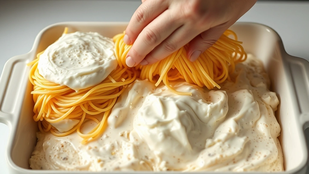 process: hands layering spaghetti and cream cheese mixture in baking dish, showing layers and textures, photorealistic, natural light, no text