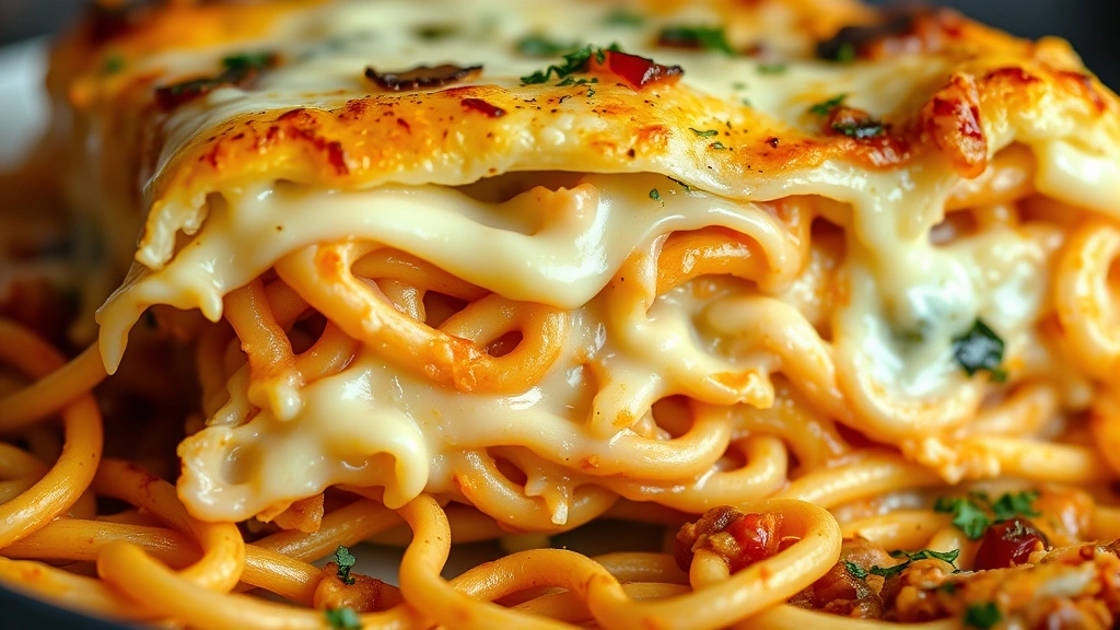 detail: close-up cross-section of baked Million Dollar Spaghetti showing creamy layers, melted cheese, and tender pasta, photorealistic, natural light, no text