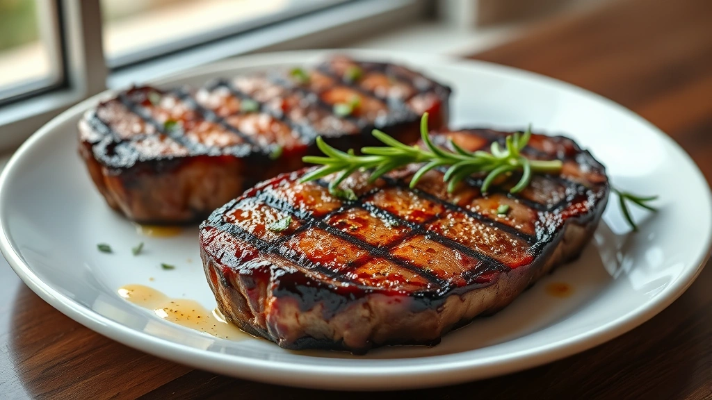 hero: two perfectly seared ribeye steaks on a white plate with herb butter and fresh rosemary garnish, golden-brown crust visible, natural window lighting, shallow depth of field, professional food photography
