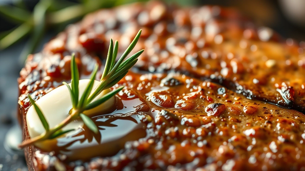 detail: close-up macro shot of the golden-brown Maillard crust on steak surface with herb butter dripping, rosemary sprig in focus, warm natural light emphasizing texture and color contrast