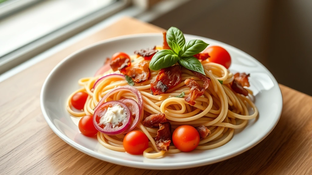 hero: elegant plated pasta dish with pickled red onions, cherry tomatoes, and crispy bacon arranged in distinct colorful sections on white plate, creamy sauce visible, fresh basil garnish, soft window light, minimalist composition