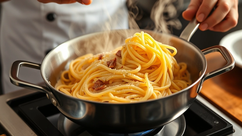 process: chef's hands tossing fresh pasta with cream sauce in stainless steel pan, pancetta visible, steam rising, warm golden lighting, action shot