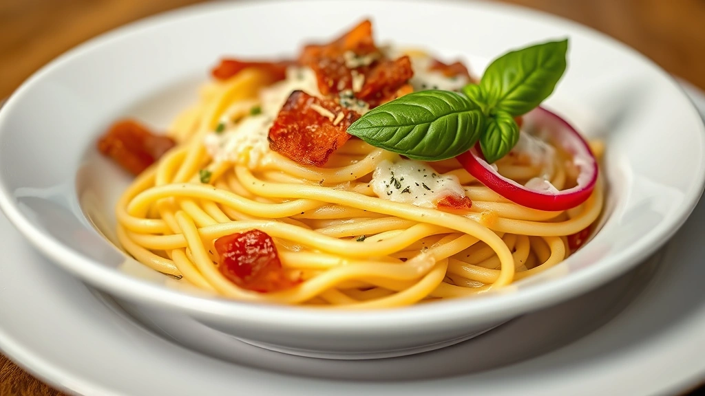 detail: close-up of individual plated component showing creamy fettuccine with melted cheese, crispy pancetta piece, vibrant pickled red onion slice, and fresh green basil leaf on elegant white dinnerware, shallow depth of field