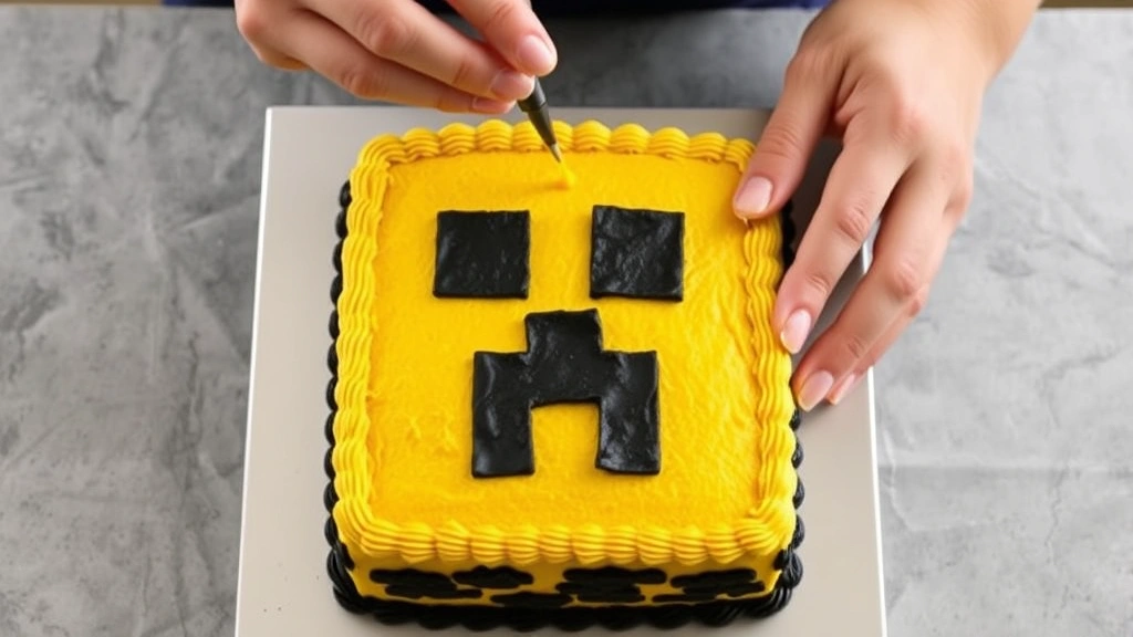 process: hands applying black fondant strips to yellow frosted square cake, creating Minecraft lantern pattern, photorealistic, natural light, no text