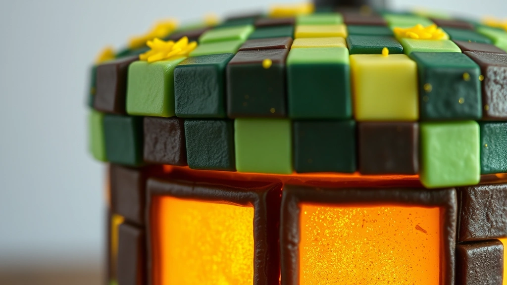detail: close-up of Minecraft lantern cake top showing yellow edible glitter and gold luster dust creating glowing effect, photorealistic, natural light, no text