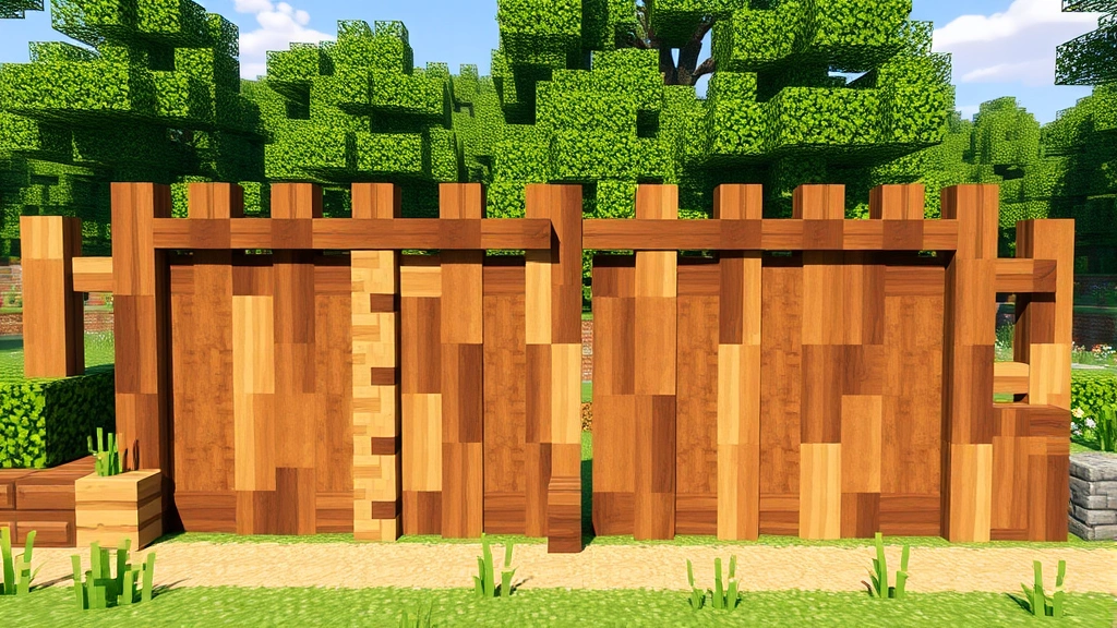 hero: Minecraft wooden fence structure in natural daylight, various wood types arranged together, photorealistic blocky style, no text overlay, peaceful garden setting