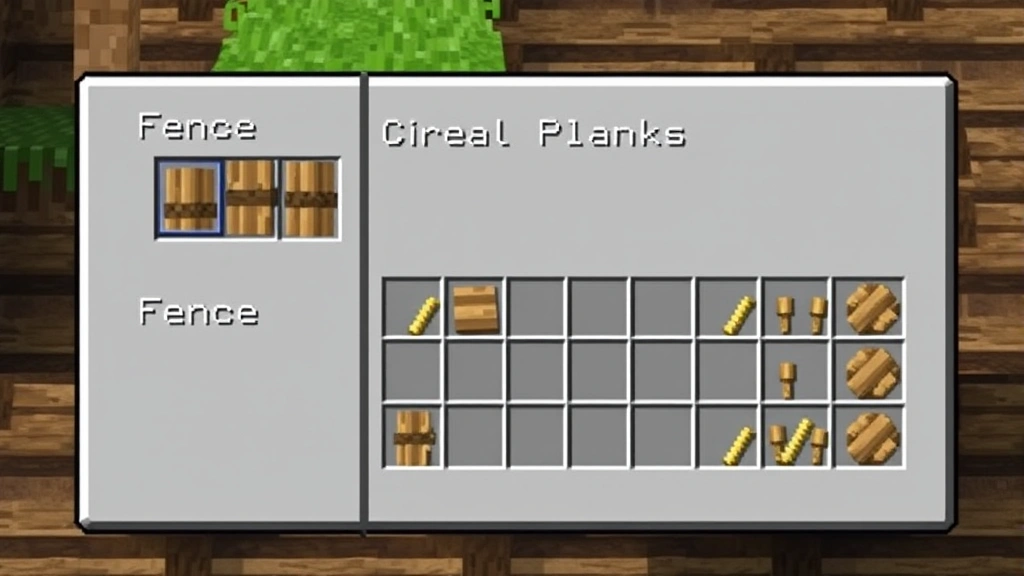 process: crafting table interface showing fence recipe pattern with wooden planks and sticks arranged correctly, photorealistic Minecraft graphics, natural lighting, no UI text