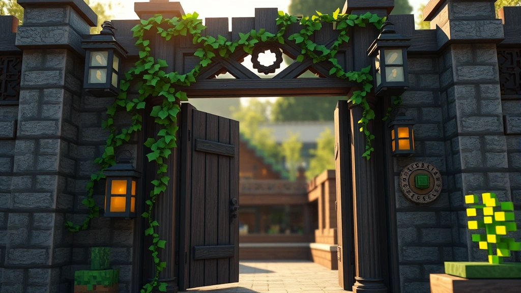 detail: close-up of decorative fence gate entrance with attached vines and lanterns, photorealistic Minecraft blocks, warm natural sunlight, no text elements