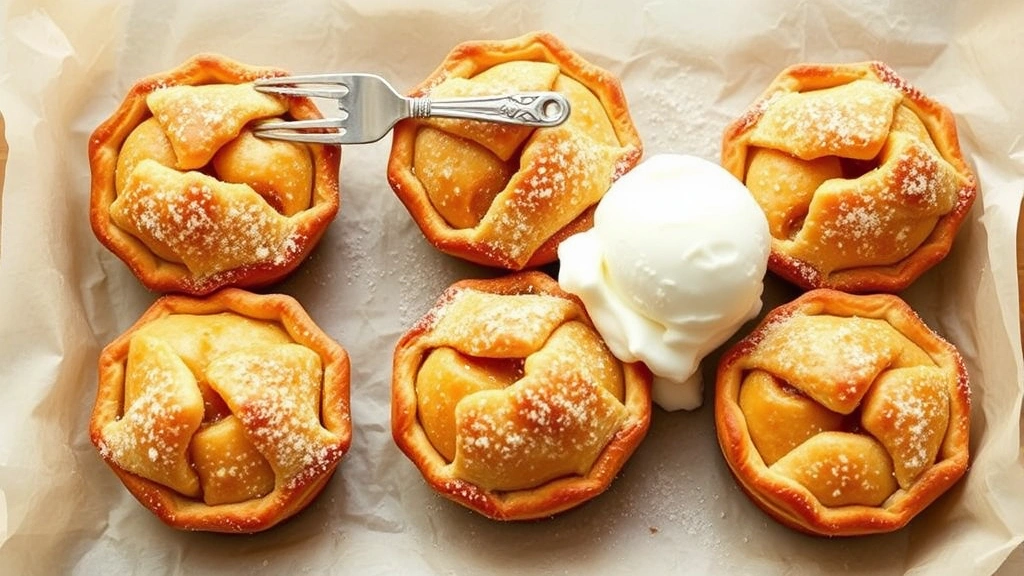 hero: six golden-brown mini apple pies with rustic folded edges on parchment paper, dusted with coarse sugar, warm vanilla ice cream melting on the side, natural window light, overhead shot, no text