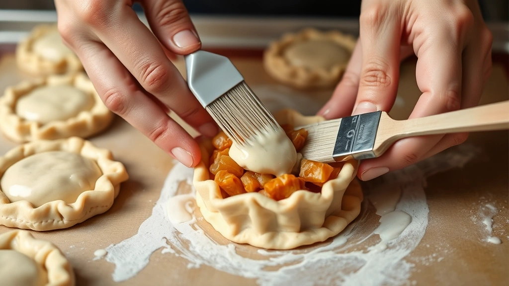 process: hands folding up edges of mini apple pie dough around spiced apple filling, pastry brush applying egg wash, baking sheet in background, natural light, close-up action shot, no text