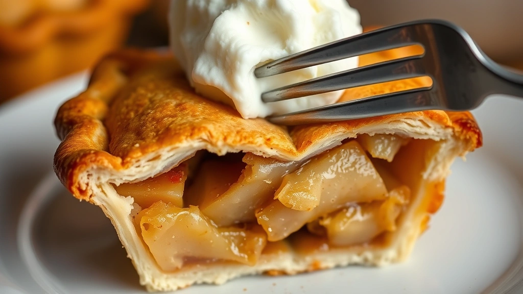 detail: cross-section of warm mini apple pie showing layers of flaky crust and spiced apple filling with cinnamon visible, scoop of vanilla ice cream on top, fork cutting into pie, macro photography, natural light, no text