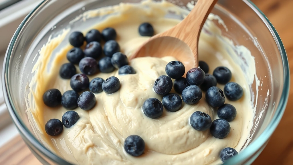 process: close-up of batter being folded with blueberries in a glass mixing bowl using a wooden spoon, showing the purple berries distributed throughout the light batter, natural daylight from kitchen window, no text or watermarks