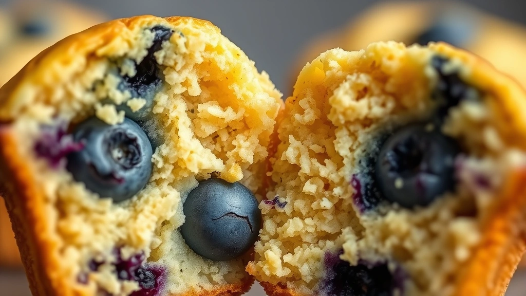 detail: extreme close-up of a freshly baked mini blueberry muffin broken in half showing the tender crumb structure with juicy blueberries bursting through, golden exterior, soft focus background, natural lighting, no text or watermarks