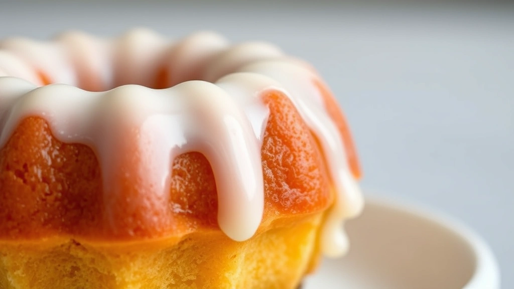 detail: close-up of single glazed mini Bundt cake, glaze dripping down ridges, shallow depth of field, photorealistic, natural light, no text, studio setting