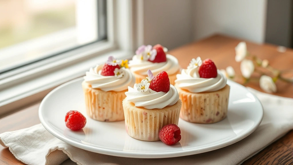 hero: beautifully frosted mini cakes arranged on a white ceramic plate, topped with fresh raspberries and delicate edible flowers, soft natural window light, elegant styling with linen napkin, no text