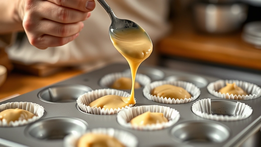 process: hands spooning vanilla batter into white paper-lined muffin tin, batter dripping from spoon, warm kitchen lighting, shallow depth of field, no text