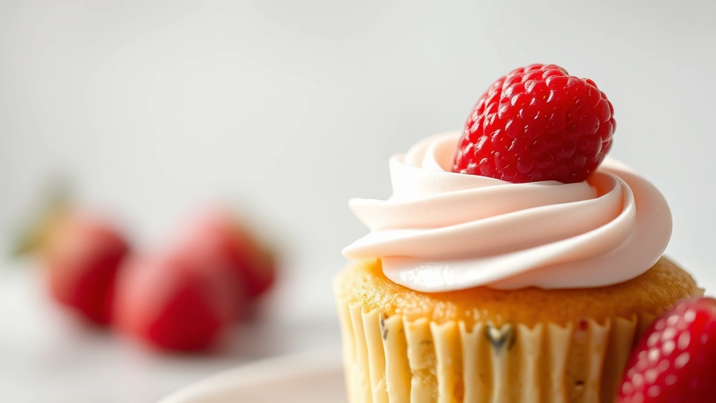 detail: close-up of single frosted mini cake with buttercream swirl and fresh berry garnish, macro photography, soft focus background, natural daylight, no text