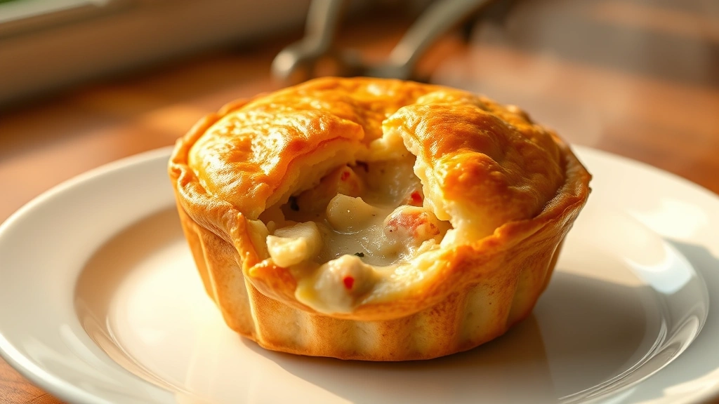 hero: individual mini chicken pot pie with golden puff pastry crust on white plate, steam rising, creamy filling visible through cut opening, photorealistic, natural window light, no text, warm and inviting