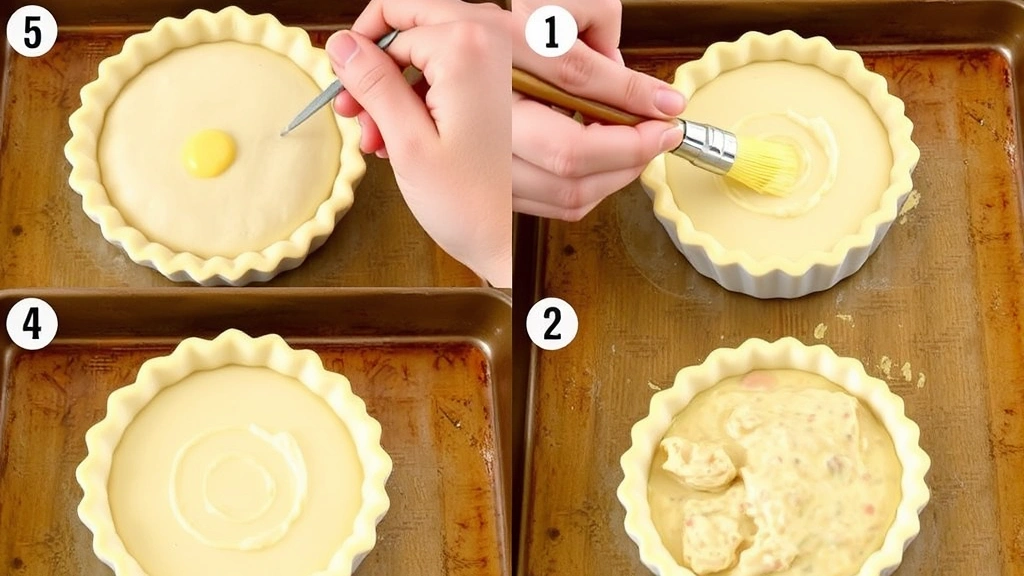 process: hand brushing egg wash on pot pie crust, four ramekins on baking sheet, creamy chicken filling visible, photorealistic, natural kitchen light, no text