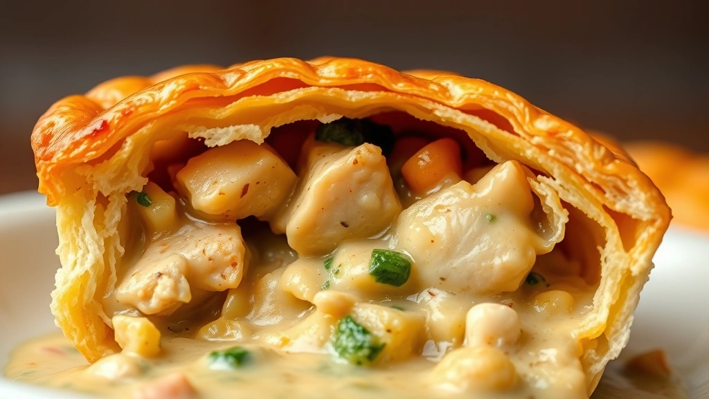 detail: close-up cross-section of mini pot pie showing layers of golden pastry, tender chicken pieces, vegetables in creamy sauce, photorealistic, natural light, no text