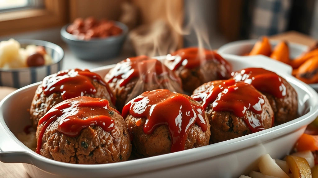 hero: six golden-brown mini meatloaves fresh from oven in white ceramic dish, glazed with caramelized ketchup glaze, steam rising, surrounded by mashed potatoes and roasted vegetables, natural window light, warm cozy kitchen setting, no text