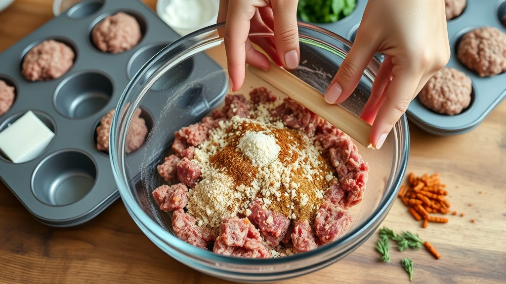 process: hands gently mixing ground beef mixture in clear glass bowl with breadcrumbs and seasonings, muffin tin with shaped meatloaves visible in background, ingredients scattered around wooden counter, natural daylight, no text