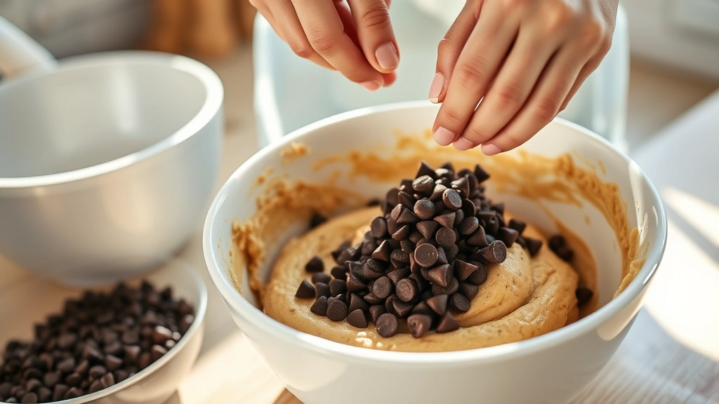 process: hands folding chocolate chips into muffin batter in a white ceramic bowl, close-up action shot, bright kitchen lighting, natural sunlight from window
