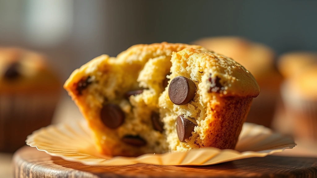 detail: single freshly baked mini muffin broken in half showing tender fluffy crumb interior with chocolate chips visible, macro photography, warm afternoon sunlight, shallow depth of field