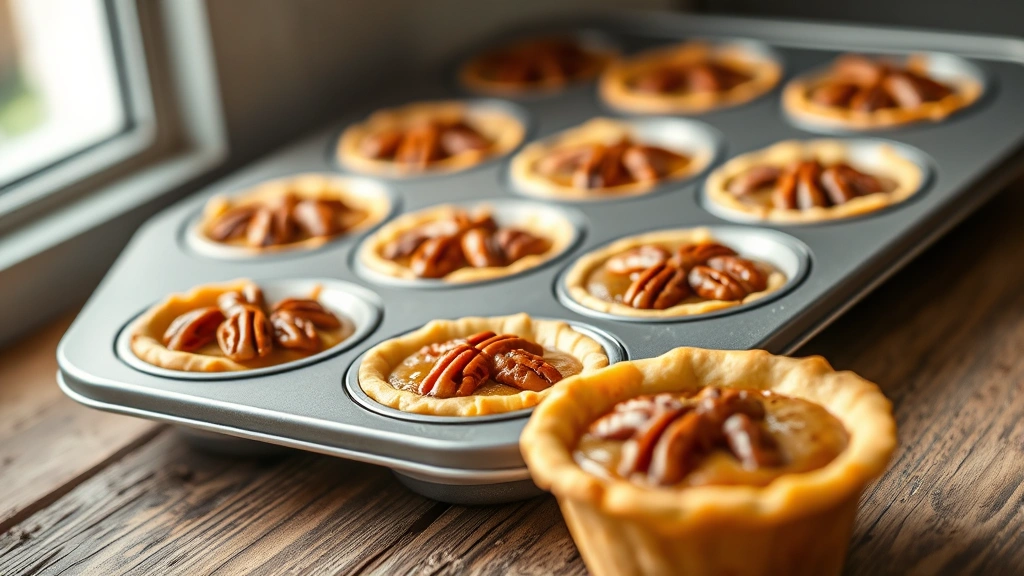 hero: golden mini pecan pies in muffin tin, warm pecans glistening, soft natural window light from left, shallow depth of field, one pie slightly out of focus in foreground, rustic wooden table surface, photorealistic, no text
