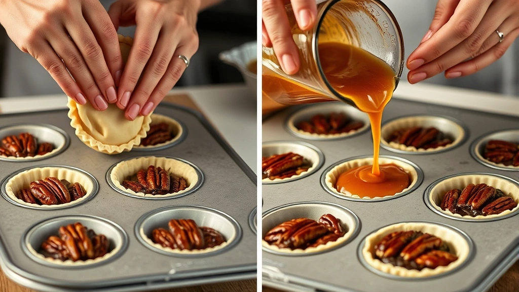 process: hands pressing pie dough into muffin cups, pouring amber filling over pecans, warm kitchen lighting, close-up action shot, photorealistic, no text