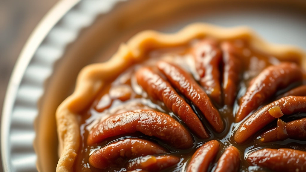 detail: close-up of single mini pecan pie showing glossy caramel filling and pecans, shallow focus, top-down angle, warm golden lighting, photorealistic, no text