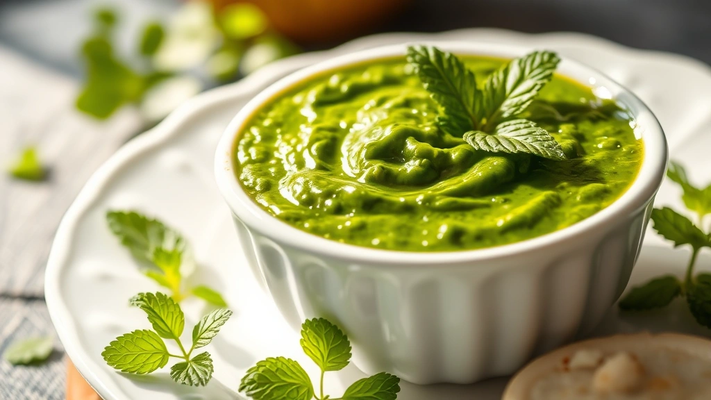 hero: vibrant green mint chutney in a white ceramic bowl, fresh mint leaves scattered around, natural sunlight from left, shallow depth of field, Indian plated setting, photorealistic, no text