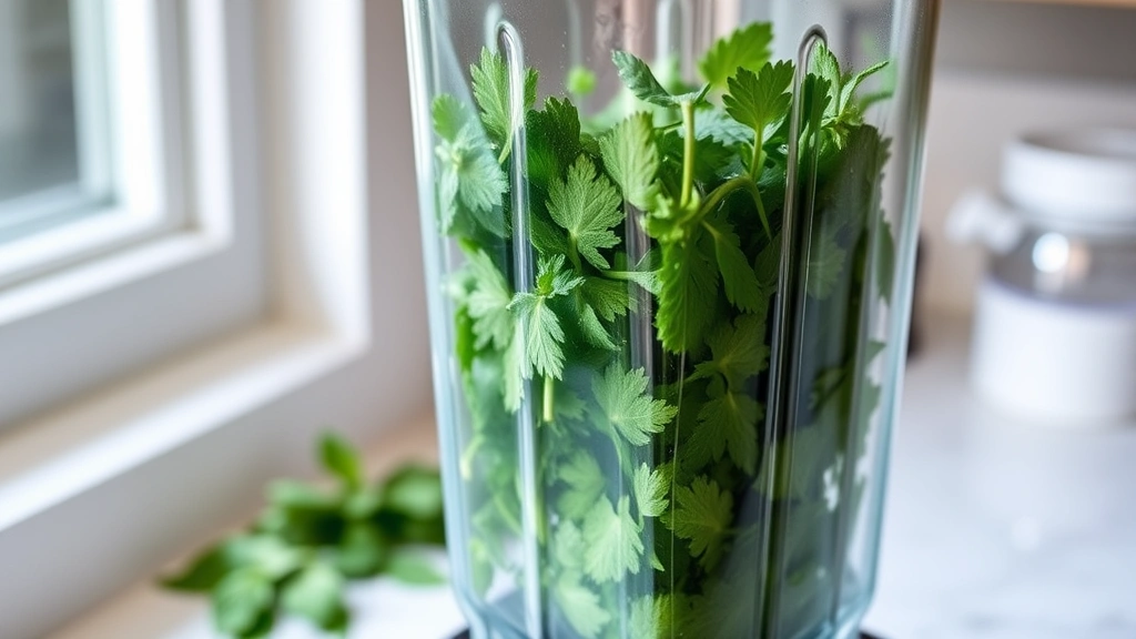 process: blending fresh mint leaves cilantro and green chilies in a glass blender, mid-blend action shot, kitchen counter setting, natural window light, photorealistic, no text