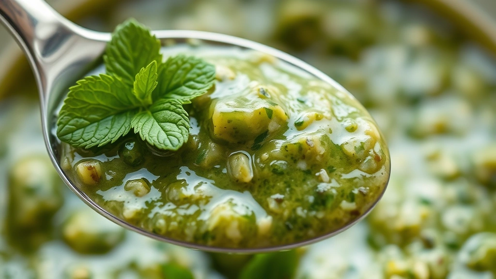 detail: close-up spoonful of finished mint chutney showing texture and color, fresh mint leaf garnish, soft natural light, shallow focus, photorealistic, no text