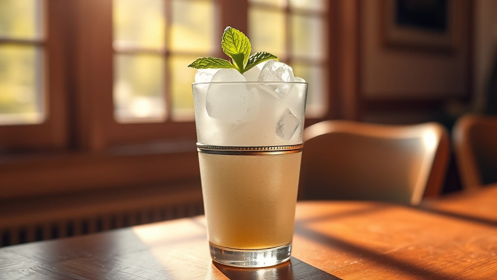 hero: perfectly crafted mint julep in a frosted silver julep cup, crushed ice piled high, fresh mint sprig garnish, condensation on glass, warm sunlight streaming through window, wooden table surface, photorealistic, natural lighting, no text