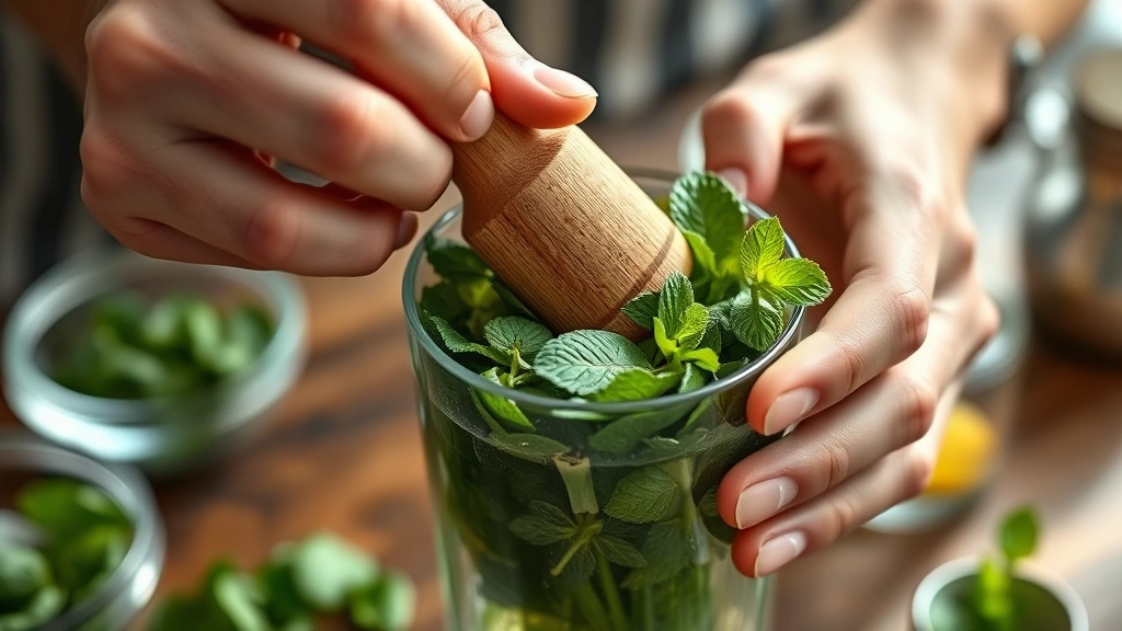 process: hands gently muddling fresh mint leaves in a cocktail shaker with a wooden muddler, soft morning light, ingredients visible, action shot, photorealistic, no text
