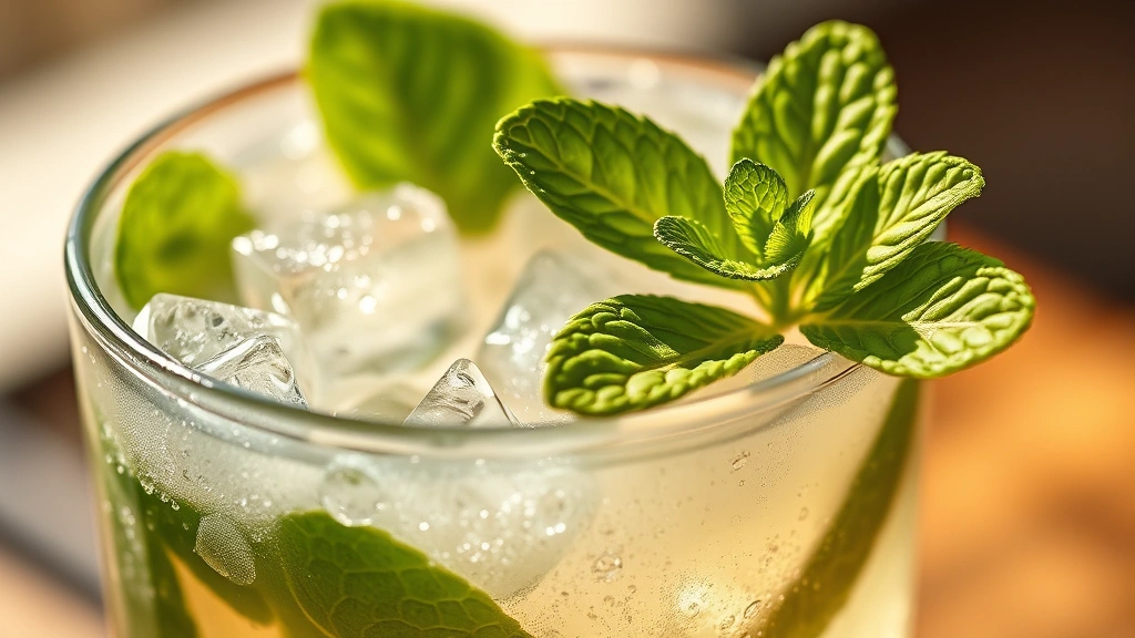 detail: close-up of fresh mint leaves and crushed ice in julep cup, water droplets on glass, mint sprig garnish in sharp focus, warm afternoon sunlight, photorealistic, no text
