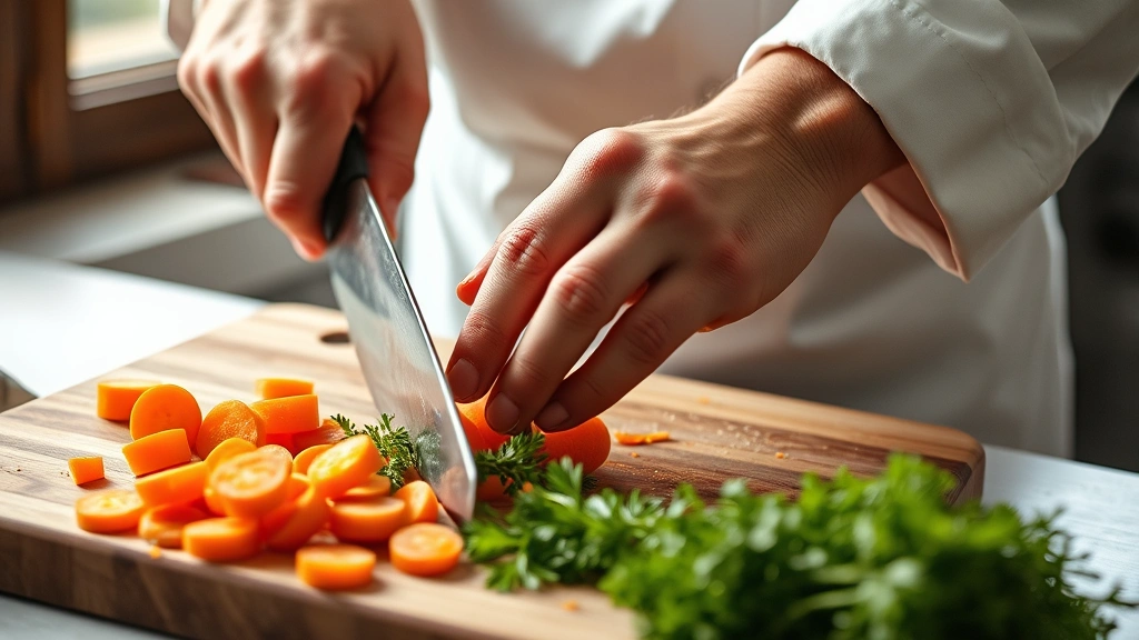 process: close-up of chef's hands cutting carrots on a wooden cutting board, natural window light, showing proper knife technique and vegetable preparation