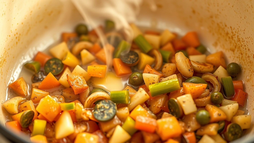 detail: macro photograph of finished mirepoix mixture sautéing in a cream-colored pot with melting butter, aromatic steam rising, golden light highlighting the caramelizing vegetables