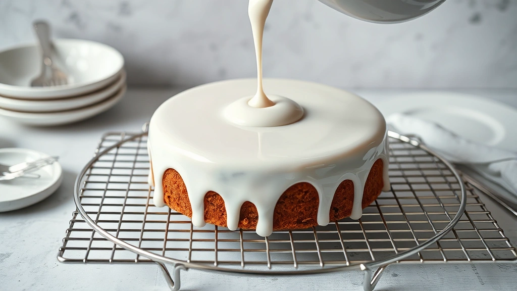 process: pouring glossy white mirror glaze over chilled cake on wire rack, photorealistic, natural light, no text