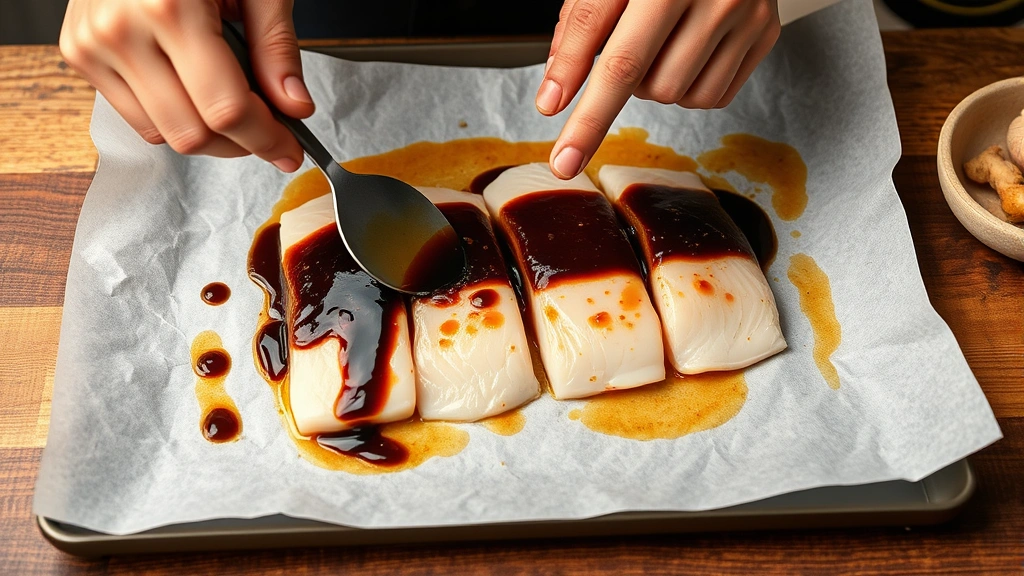 process: hands spreading glossy miso marinade over raw black cod fillets on parchment paper with small spatula, ginger and garlic visible, photorealistic, bright kitchen light from above